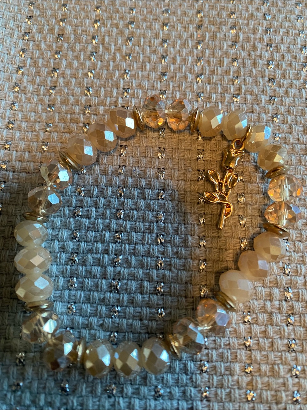 Cream Faceted Bead Bracelet with Gold Leaf Charm
